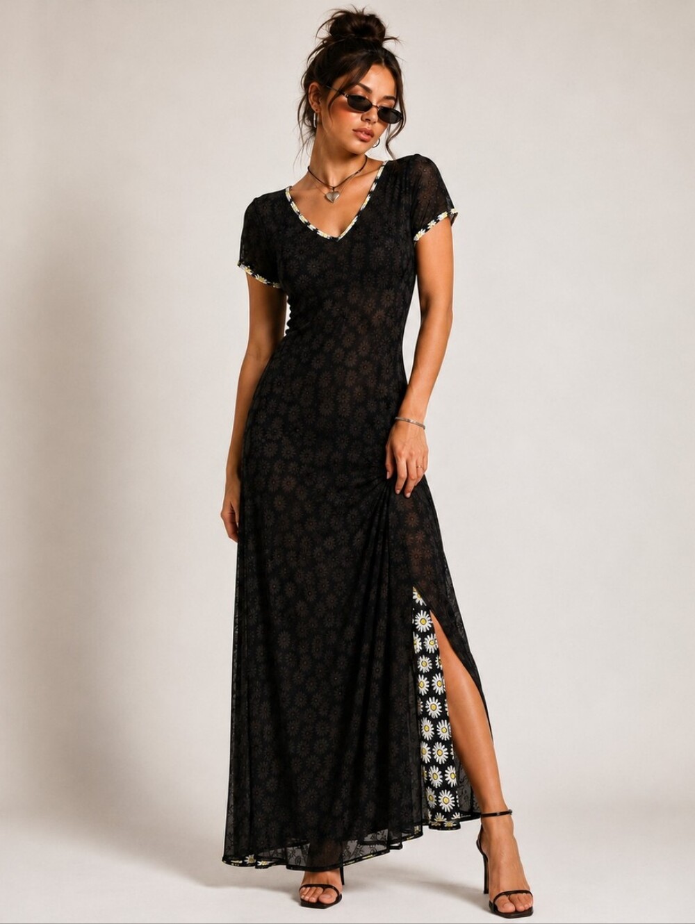 Express Y2K Vintage 80's Maxi Dress Sheer Black Overlay Whimsygoth Daisy sz 9/10